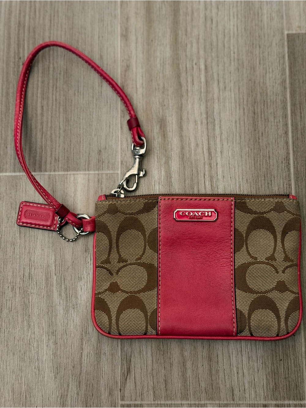 Coach Brown Signature Canvas Wristlet with Red Leather Accents